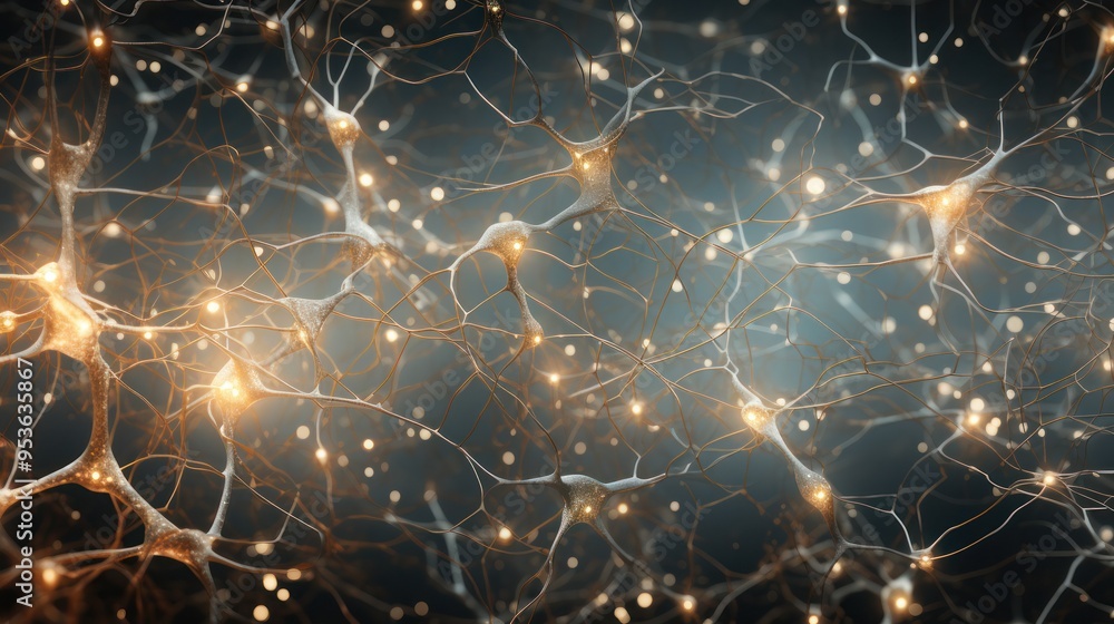 Poster a microscopic view of a neural network, with synapses firing like tiny lightning bolts, revealing th