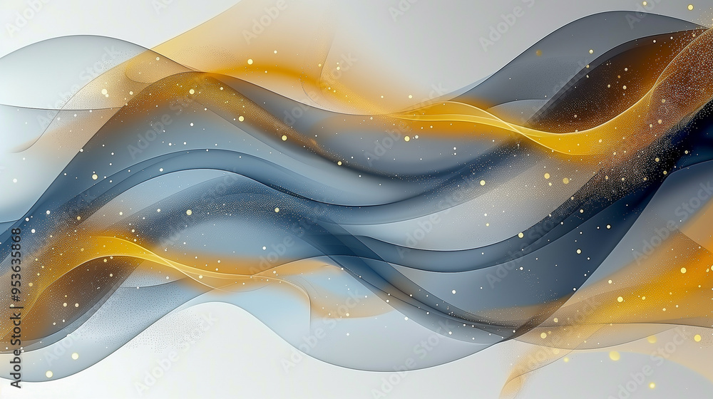 Poster abstract flowing waves with golden and blue gradient..