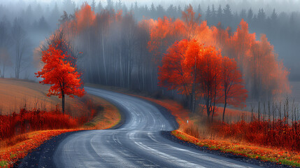 Naklejka premium Foggy Autumn Road with Vibrant Red Trees..
