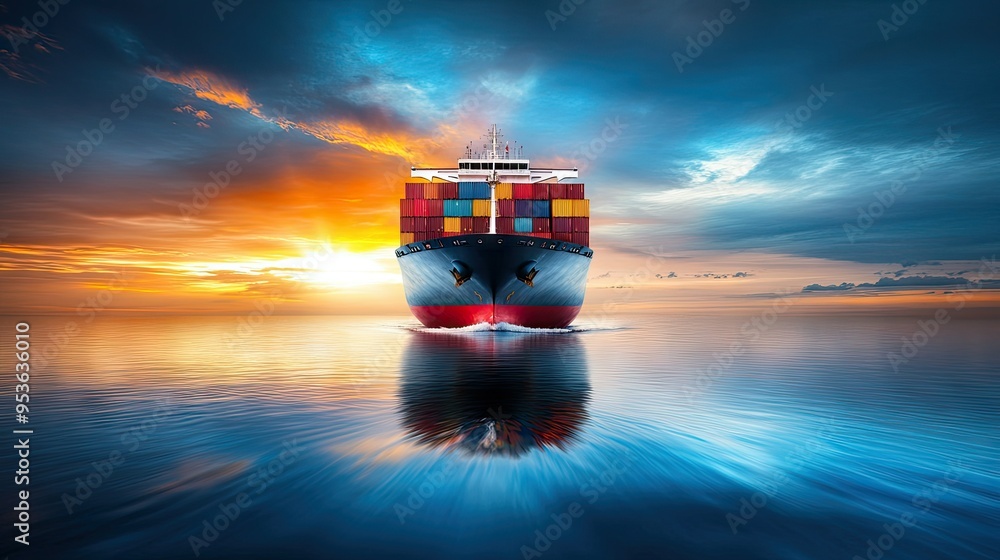 Poster container cargo freight ship navigating through the ocean, loaded with cargo for import and export. 