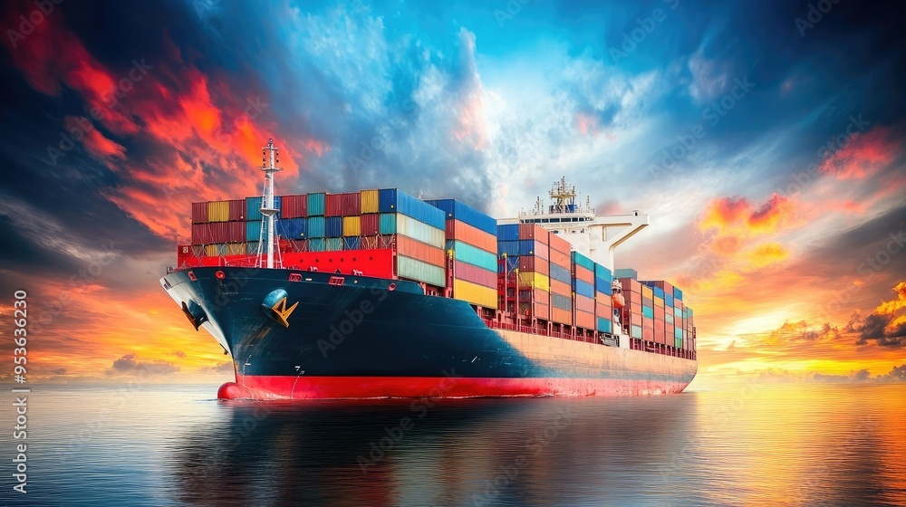 Poster container cargo freight ship navigating through the ocean, loaded with cargo for import and export. 