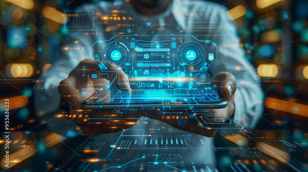 Aufkleber hands interacting with futuristic digital holographic interface..