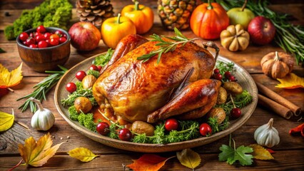 A golden-brown roasted turkey, garnished with herbs and surrounded by fresh vegetables, takes center stage on a