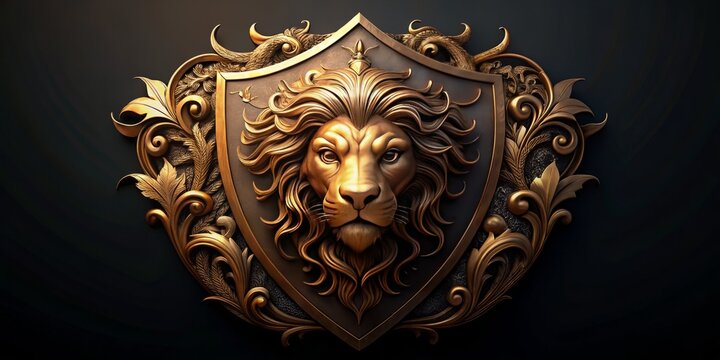 A golden shield with a regal lion's head emblem, adorned with intricate filigree and ornate details, symbolizing