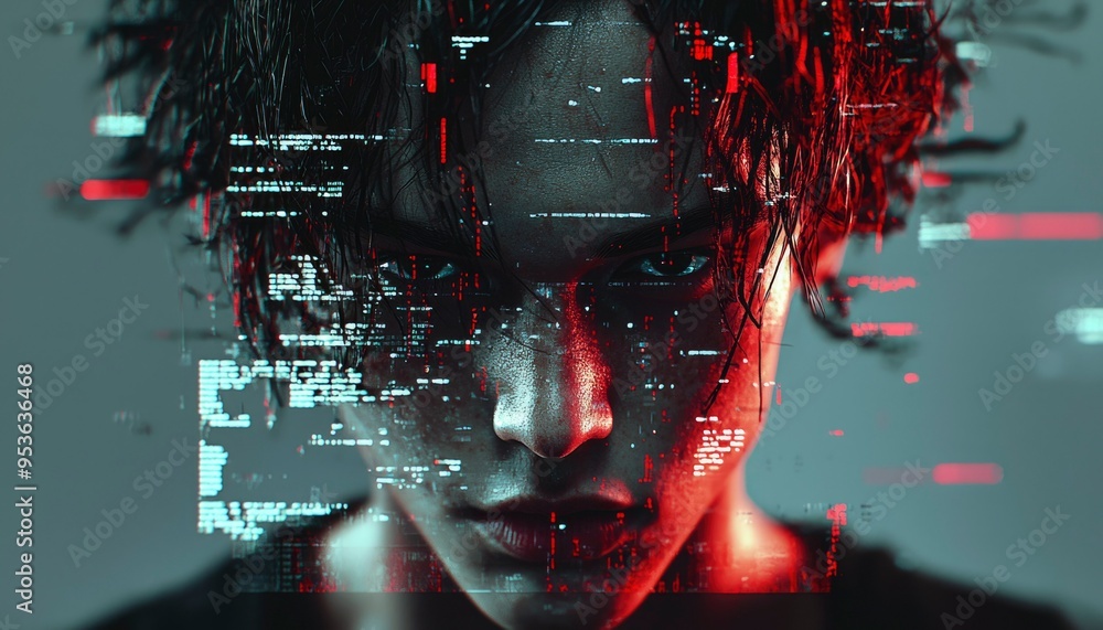 Poster a close-up portrait of a person with digital code overlapping their face