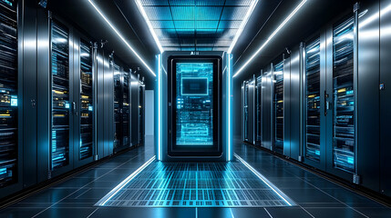 A futuristic server room with glowing blue lights and a digital display.