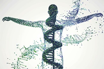 Fototapeta premium Abstract human silhouette with DNA strand made of green and blue dots and lines.