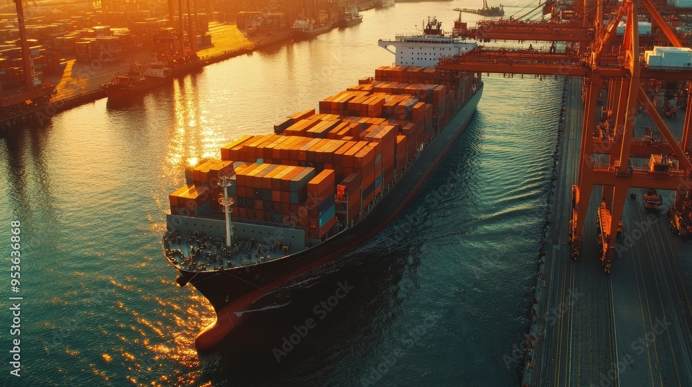 Poster container cargo ship in port, showcasing the import/export logistics process with containers being l