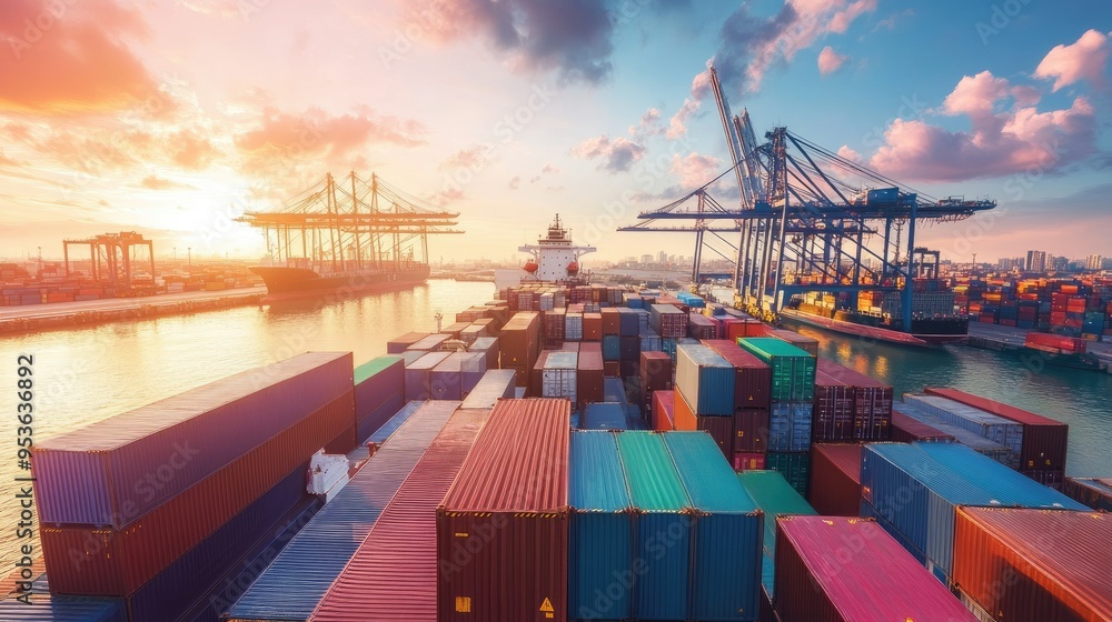 Poster container cargo ship in port, showcasing the import/export logistics process with containers being l