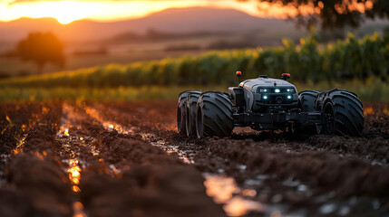 A futuristic-looking, autonomous tractor traverses a muddy field at sunset.