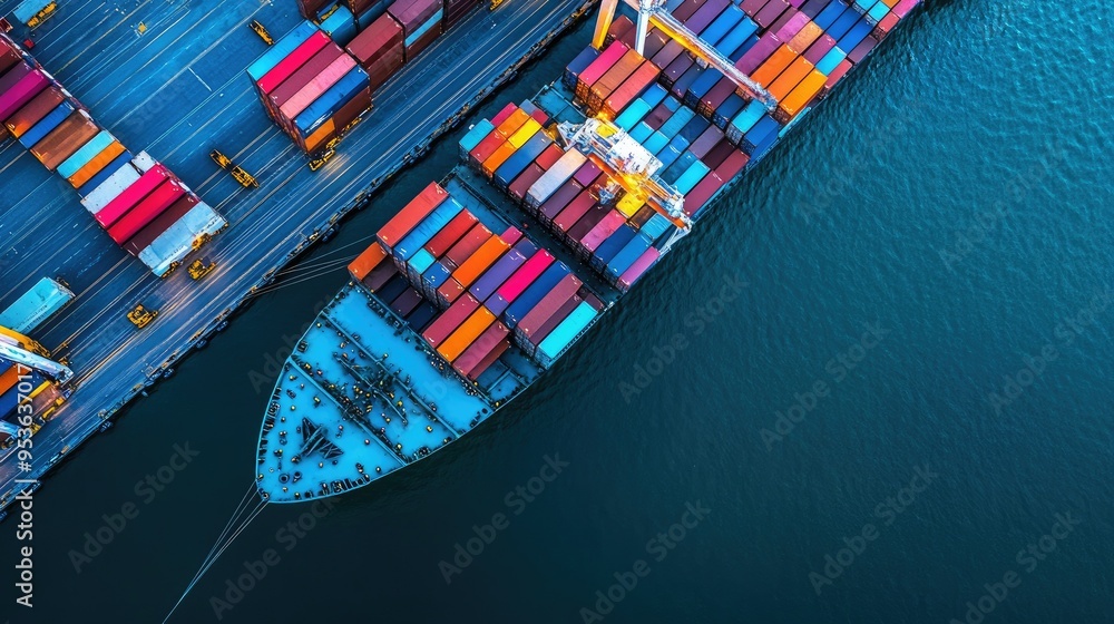 Poster container ship docked at a port, with containers being loaded and unloaded for global import and exp