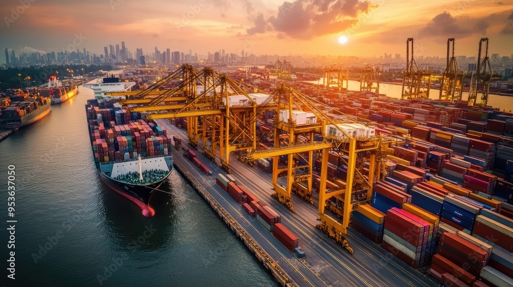 Poster container ship docked at a port, with containers being loaded and unloaded for global import and exp