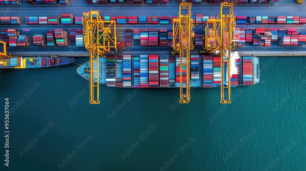 Poster container ship docked at a port, with containers being loaded and unloaded for global import and exp
