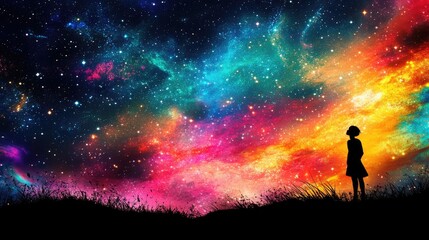 Obraz premium A silhouette of a person gazing up at a starry night sky filled with vibrant celestial colors, evoking a sense of wonder and contemplation.