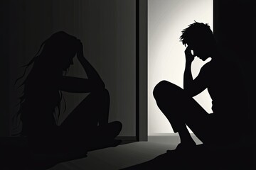 Silhouette of a man and woman sitting in a doorway with their heads in their hands.