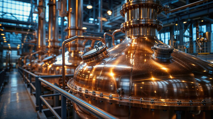 Copper stills reflecting light in brewery distillation room