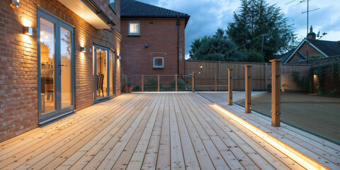 Modern wooden decking with lighting surrounding a backyard swimming pool