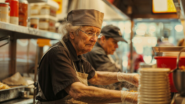 An elderly woman wearing a cap, working in the kitchen of a fast food restaurant. Old age and economic hardship, facing low-wage jobs