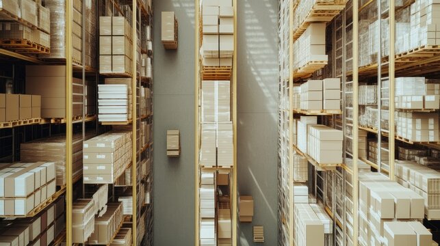 Detailed view of neatly stored inventory in a logistics warehouse, showing pallets and boxes. Ideal for visualizing inventory control and warehouse logistics.