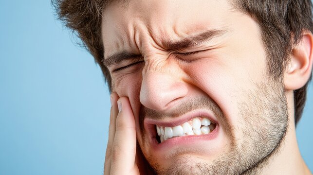 Close-up of a man grimacing in pain while touching his cheek, indicating a dental issue, with a light blue background.