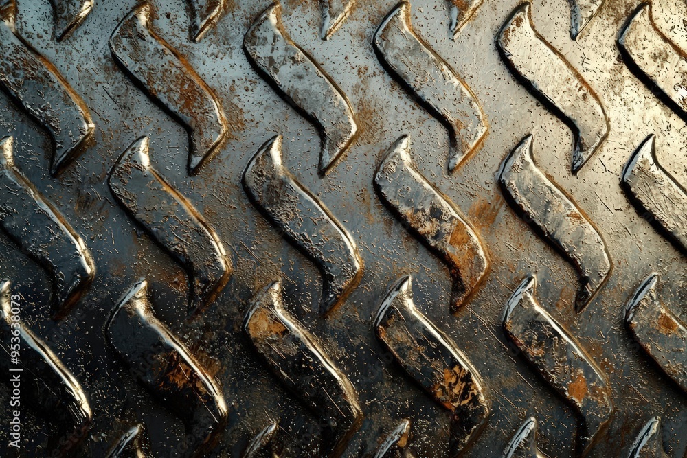 Poster close-up of rusty metal tread plate with patterned texture