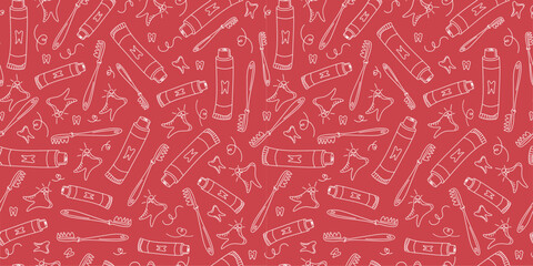 Pattern, dental icons. Toothbrush, toothpaste, teeth. Cleaning and dental care. Healthy clean tooth. Drawings, Doodle. Seamless background.