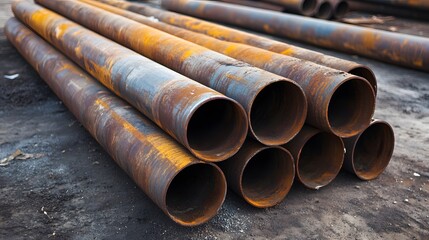 A row of rusty pipes are stacked on top of each other. The pipes are old and worn, and the overall mood of the image is one of decay and neglect