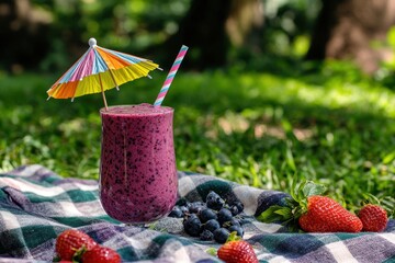 A refreshing berry smoothie garnished with a colorful umbrella on a picnic blanket.