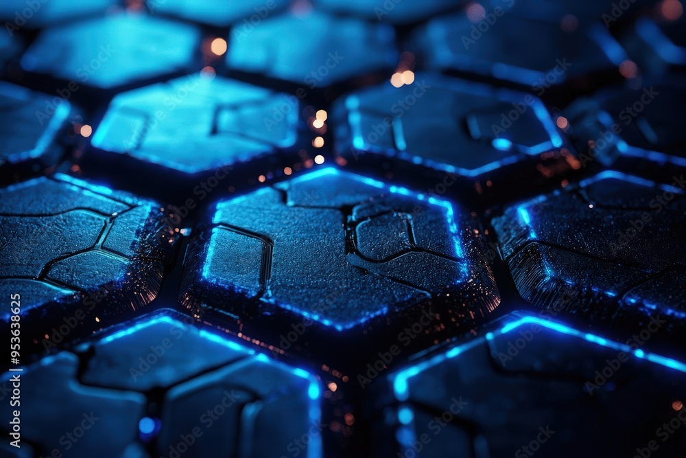 Poster abstract futuristic hexagonal pattern with blue neon lights