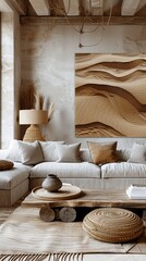 Desert dunes mural with wooden frame in boho-chic living room. Warm neutrals and natural textures