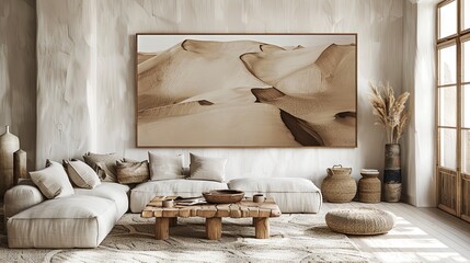 Desert dunes mural with wooden frame in boho-chic living room. Warm neutrals and natural textures