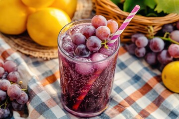 A refreshing beverage made with grapes, served with ice and a straw, surrounded by fruits.