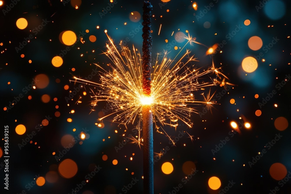 Poster close-up of sparkler with bokeh lights in dark background