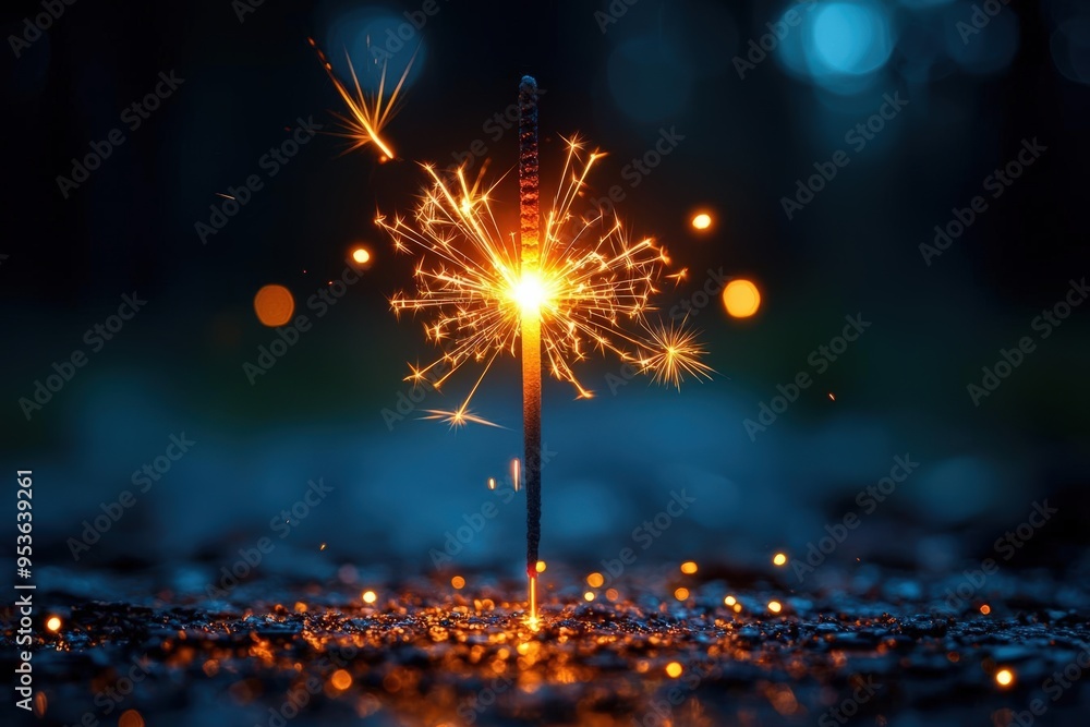 Poster sparkler sparkling in dark blue background with bokeh lights