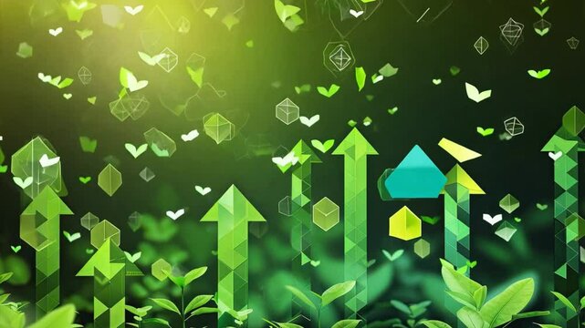 Green Growth:  A vibrant green background, a lush forest, and soaring green arrows symbolizing sustainable growth.  This  abstract illustration evokes optimism, hope, and the promise of a thriving fut