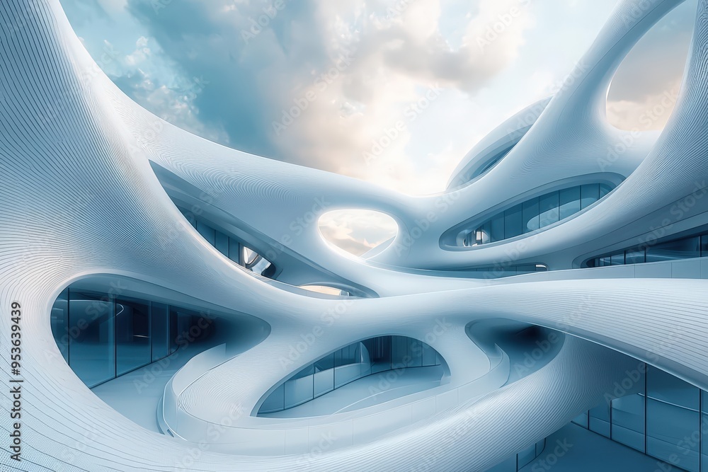 Poster modern futuristic architecture with soft curves in blue sky setting