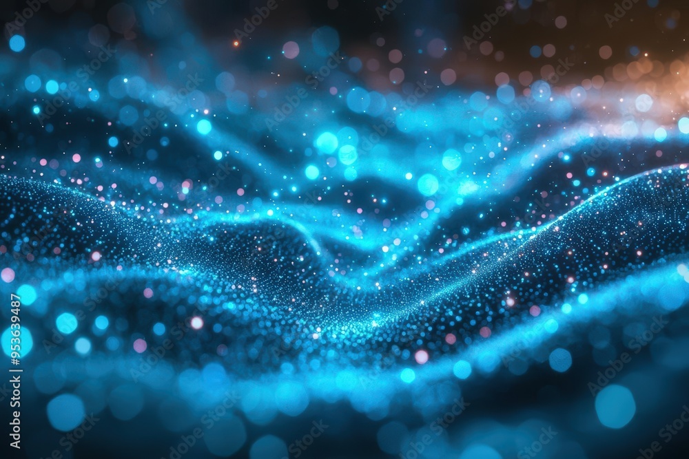Poster abstract blue and cyan wave with bokeh and glowing dots