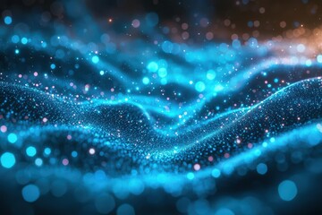 Abstract Blue and Cyan Wave with Bokeh and Glowing Dots