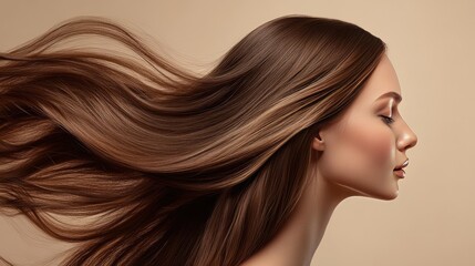 Naklejka premium Elegant, lively hair with a soft bounce against a beige backdrop, emphasizing natural volume and shine in a minimalist setting.
