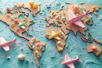 Colorful Paper Planes on World Map Illustrative Travel Concept