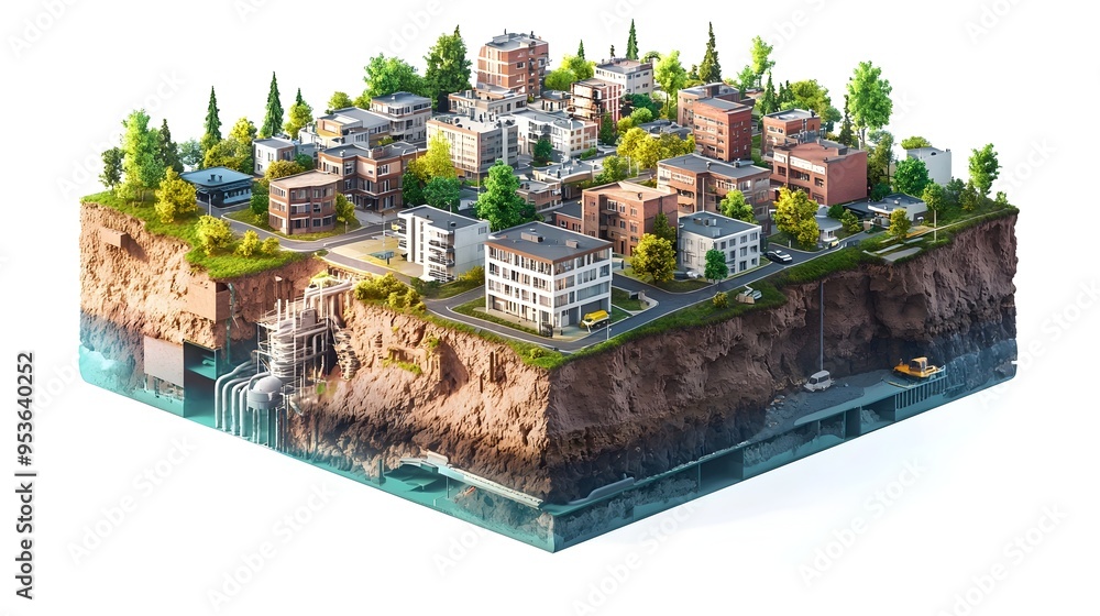 Poster cross-section view of intricate urban drainage system revealing complexity of water management