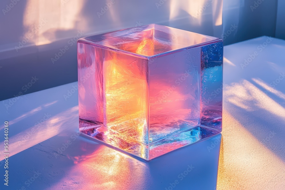 Poster abstract cube with colorful light reflections in modern setting