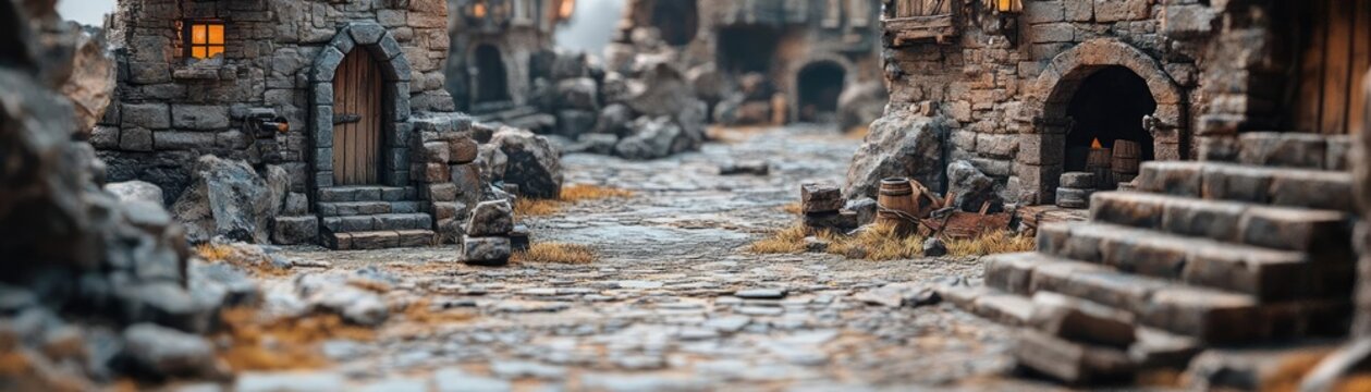 Miniature terrain for tabletop games, with modular pieces and varying textures, 3D illustration