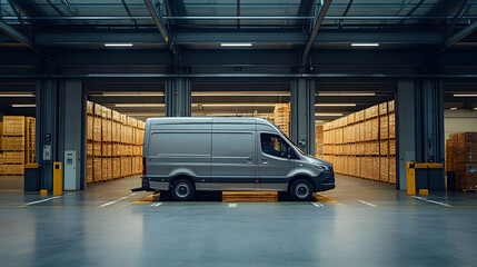 A gray delivery van parked in a warehouse.