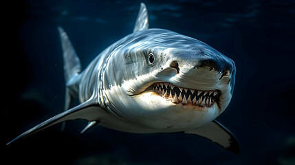 Fototapeta premium A Great White Shark with its mouth open, revealing its sharp teeth, swims through the deep blue water.