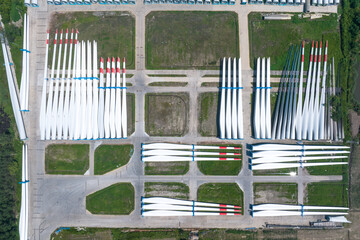 view of blades of wind power turbine in field