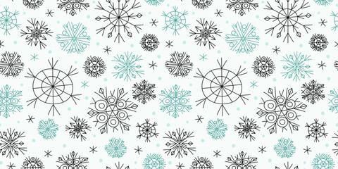 Pattern. Set of snowflakes. Drawing, doodles. New Year Christmas decor, seamless background. Winter vector illustration.