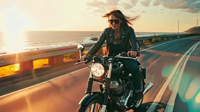Sunset Ride: A woman in a leather jacket and sunglasses cruises along a coastal road, her hair flowing in the wind as the sun sets on the horizon, creating a sense of adventure and freedom.  