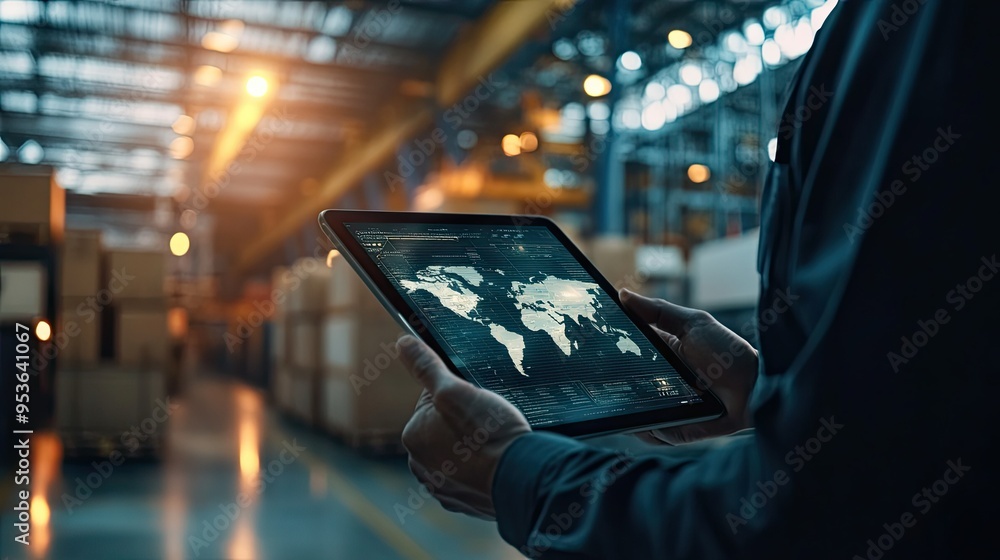 Poster executive using a tablet to monitor global logistics network distribution. the world map background 