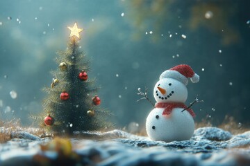 Obraz premium Sweet little snowman and a Christmas tree